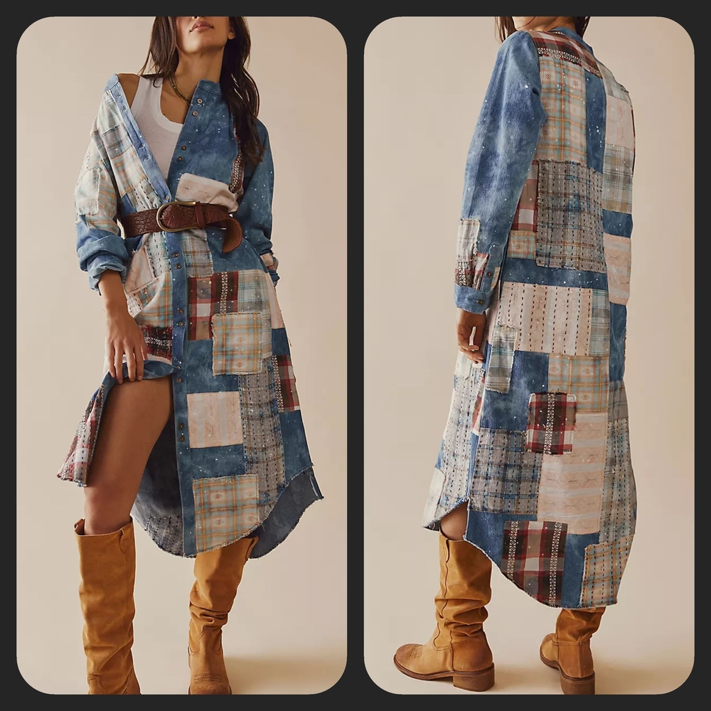 We The Free People PHOENIX patched Patchwork distressed Maxi Shirt Dress Duster - Picture 2 of 15